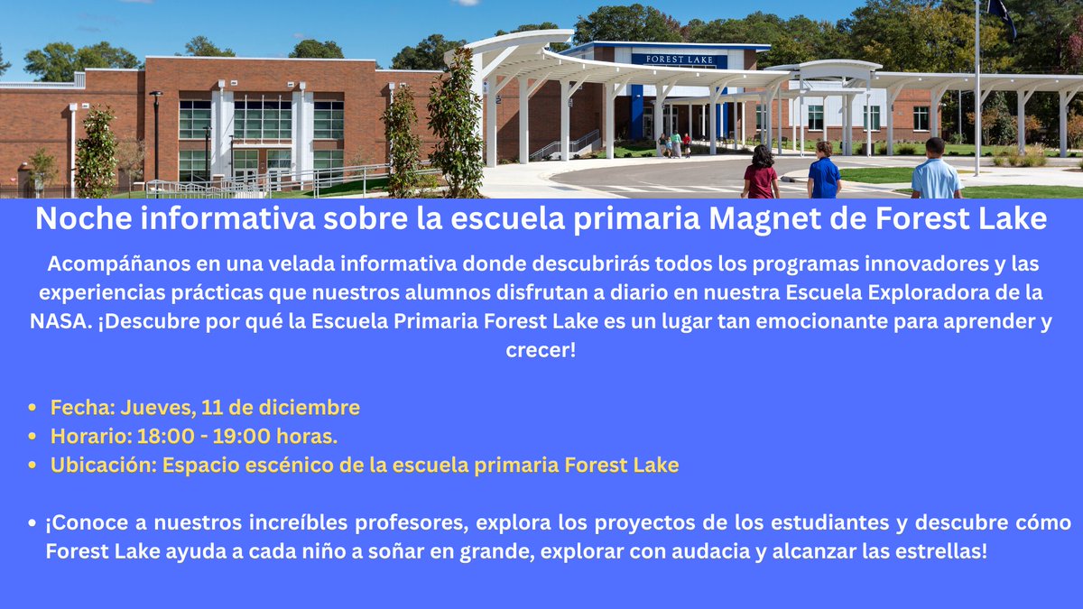 🚀 Discover what makes Forest Lake out of this world! 🌟Join us for Magnet Info Night to learn about our amazing magnet programs.
🗓️ Thursday, Dec. 11 | 6–7 PM
📍 FLE Performance Space
Current families-help us spread the word! <a href="/Bjackson_FLE/">B Jackson</a> <a href="/TWilliamsFLE/">Mrs. T. Williams FLE</a> <a href="/RichlandTwo/">Richland School District Two</a> <a href="/Davis_FLE/">Brandon Davis</a>