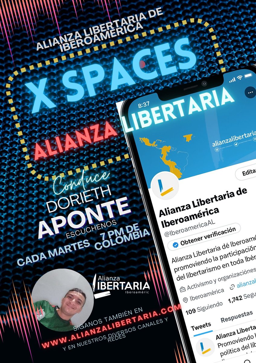 Todos los martes:

Le invitamos a nuestro #XSpace semanal #AlianzaLibertaria, conduce <a href="/AponteDorieth/">Dorieth Aponte Piñeros</a>

6 pm 🇲🇽🇬🇹🇭🇳
7 pm 🇨🇴🇵🇦
8 pm 🇻🇪🇺🇸 🇨🇱
9 pm 🇦🇷🇺🇾🇧🇷
2 am 🇪🇸

Visítenos también en: AlianzaLibertaria.com