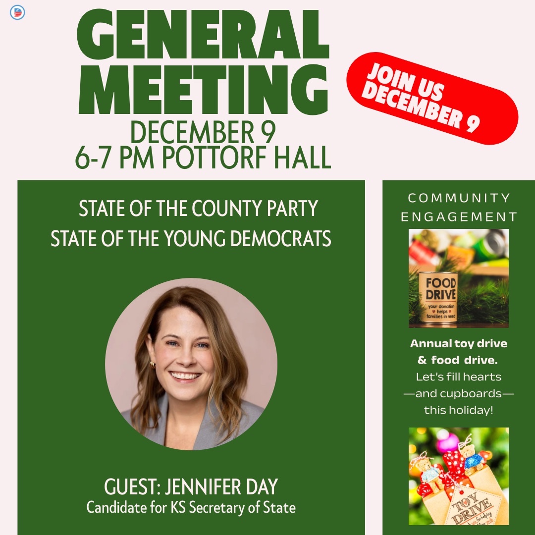 RileyCoDems's tweet image. General meeting, Dec.9, 6pm; Wheat Room, Pottorf Hall, 1710 Avery Avenue. The president of the K-State Young Dems, will give a State of the Young Democrats address, Kelm Lear will deliver a State of the County Party. Guest:  Jennifer Day, candidate for Kansas Secretary of State.