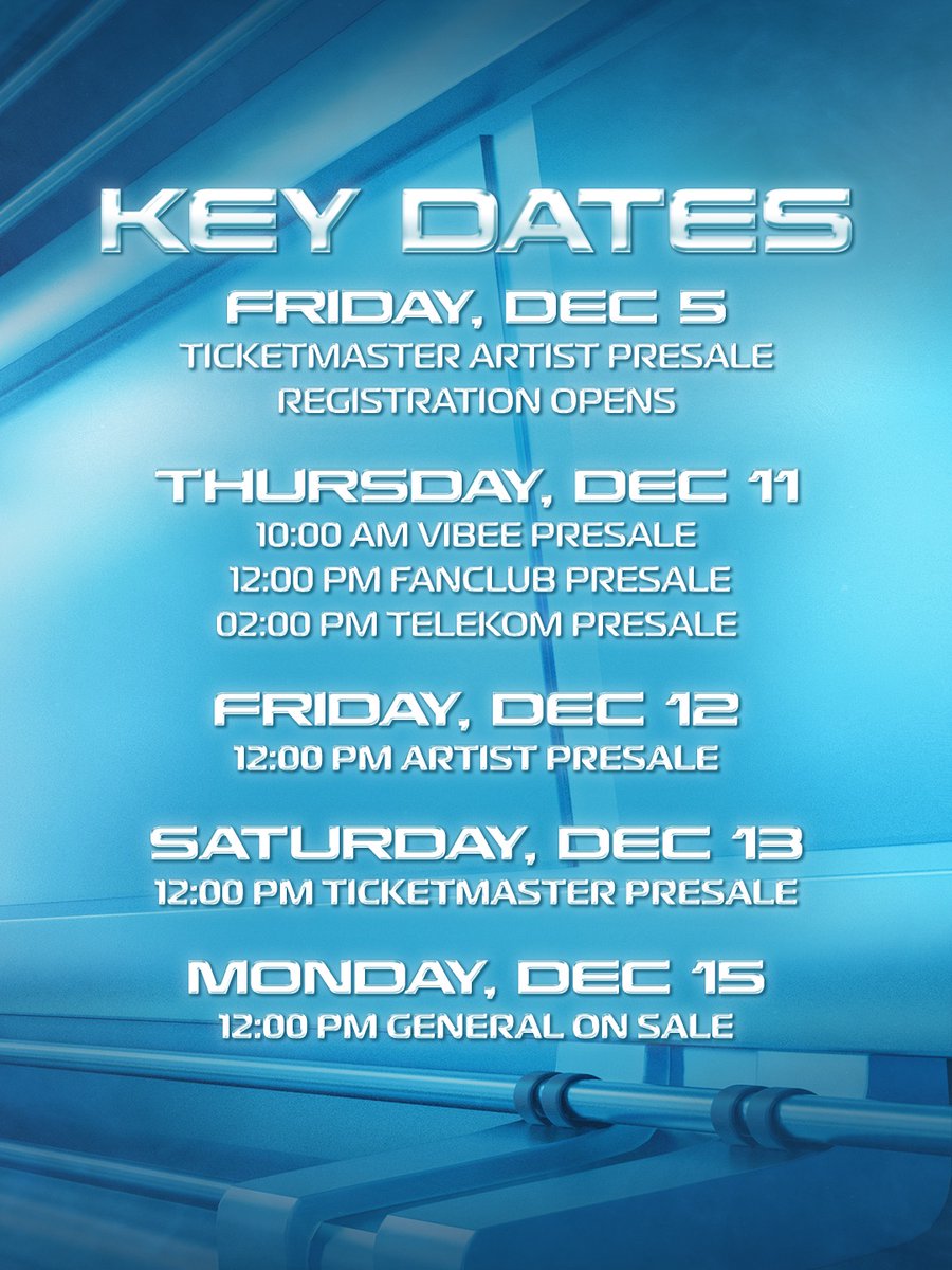 backstreetboys's tweet photo. Heading to Germany for our very first international residency? Here’s everything you need to know about pre-sales, tickets and packages. 🎟️👇

Sign up for our Artist Presale at https://t.co/6zsOBeLZIo
Sign ups close 10.12.2025 at 12:00 PM.

Vibee Presale: 11.12.2025, 10:00 am CET
Ticket & Hotel Packages at https://t.co/G7IncSAEOp

Fan Club Presale: 11.12.2025, 12:00 pm CET
Join our Fanclub at https://t.co/6FEkGhkO8s

Telekom Presale: 11.12.2025, 2:00 pm CET
https://t.co/TDPsatzdPE

Artist Presale: 12.12.2025, 12:00 pm CET
https://t.co/6FEkGhkO8s

Ticketmaster Presale: 13.12.2025, 12:00 pm CET
https://t.co/CaAdOgp6UF

General On-Sale: 15.12.2025, 12:00 pm CET
https://t.co/6FEkGhkO8s