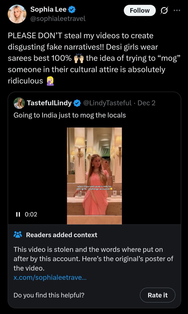 mysteriouskudi's tweet image. Imagine taking a saree video meant to appreciate the culture and twisting it into #mogging locals??  #embarrassing  behaviour. No shame in using someone else’s video as your own and spreading venom. #Payout culture has really dragged Twitter standards to a new low 😞🥱