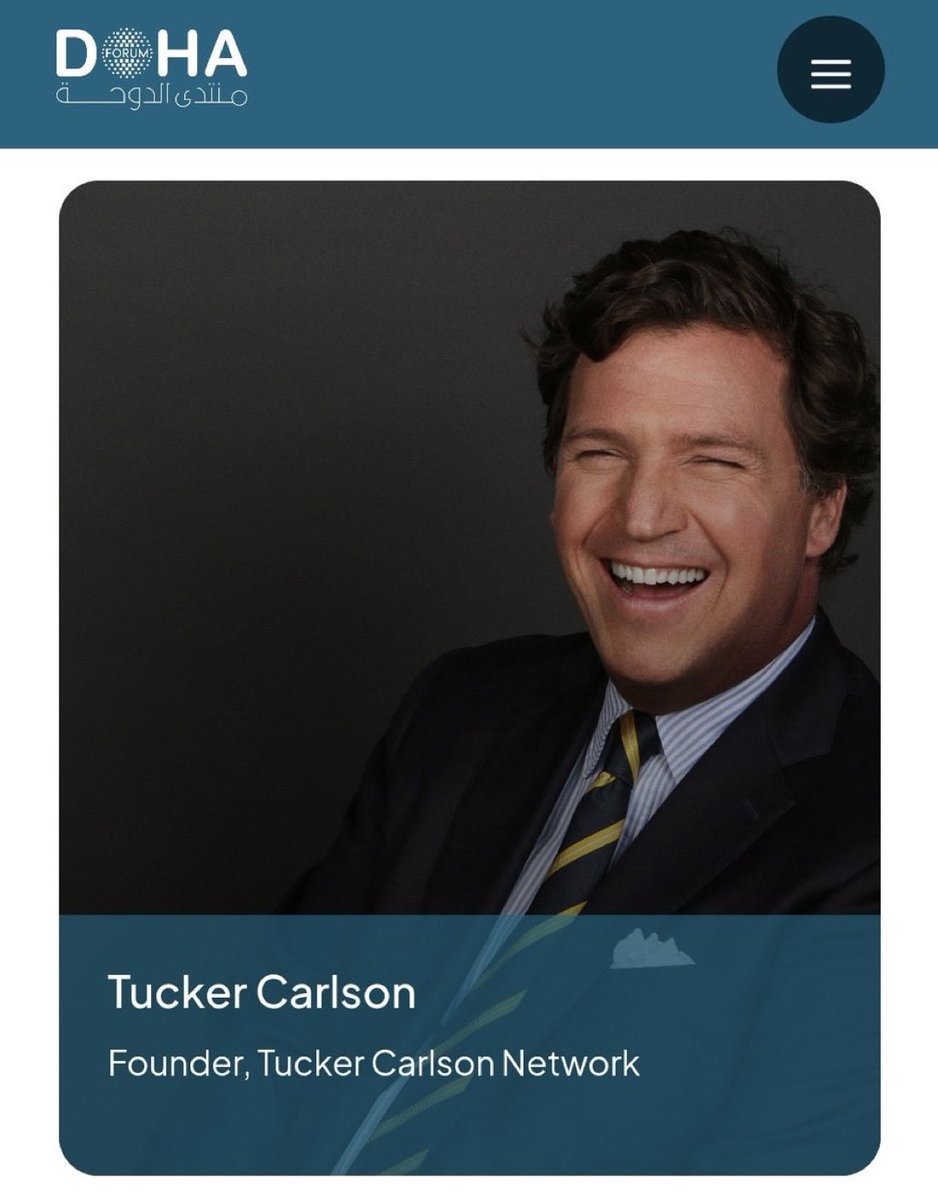 LauraLoomer's tweet photo. NEW:

@TuckerCarlson is now pretending like he opposes the World Economic Forum @wef because of “elitism”.

What he doesn’t want you knowing is that he’s speaking at the Doha forum in Qatar this week, which is literally being 
sponsored by the World Economic Forum. 

Total hypocrisy!

RECEIPTS 👇🏻