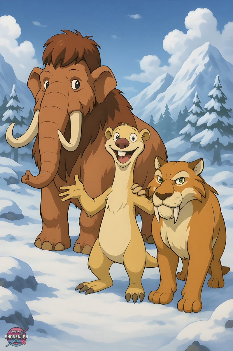 ShonenJPN's tweet image. An anime-style cartoon scene inspired by Ice Age —
a fun trio exploring a snowy prehistoric world.
#IceAge #AnimeArt #CartoonStyle #ShonenJPN #FunAnimals