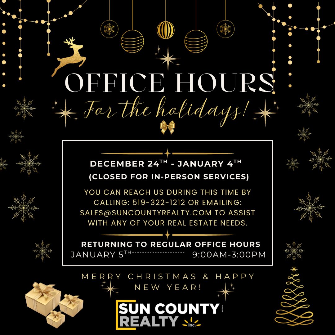 SunCountyRealty's tweet image. ✨ Holiday Office Hours 🎄 ✨
Please note our schedule for the holiday season
From all of us at Sun County Realty Inc.…
✨ Merry Christmas &amp;amp; Happy New Year! ✨
Wishing you a warm, joyful, and restful holiday season. 🖤💛🎁