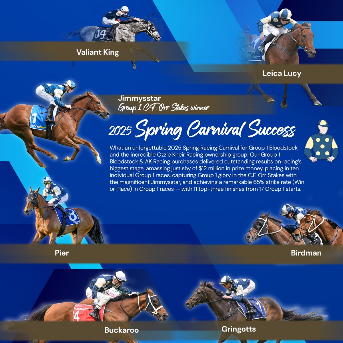 MathewBecker's tweet image. An incredible 2025 season! After 5 G1 wins in the Autumn, our team delivered again in the Spring Carnival with major results from Jimmysstar, Buckaroo, Gringotts, Leica Lucy, Birdman, Valiant King &amp;amp; Pier. Huge thanks to our trainers, jockeys &amp;amp; owners. On to 2026! 🏆🐎✨
