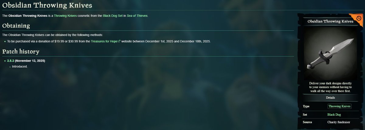 This slid under my Radar! Obsidian Throwing knife available if you donate $19.99 to: treasuresforhope.com

#SoTShot #SeaOfThieves #BlackDogSet #ObsidianSet #SOT #ObsidianThrowingKnife