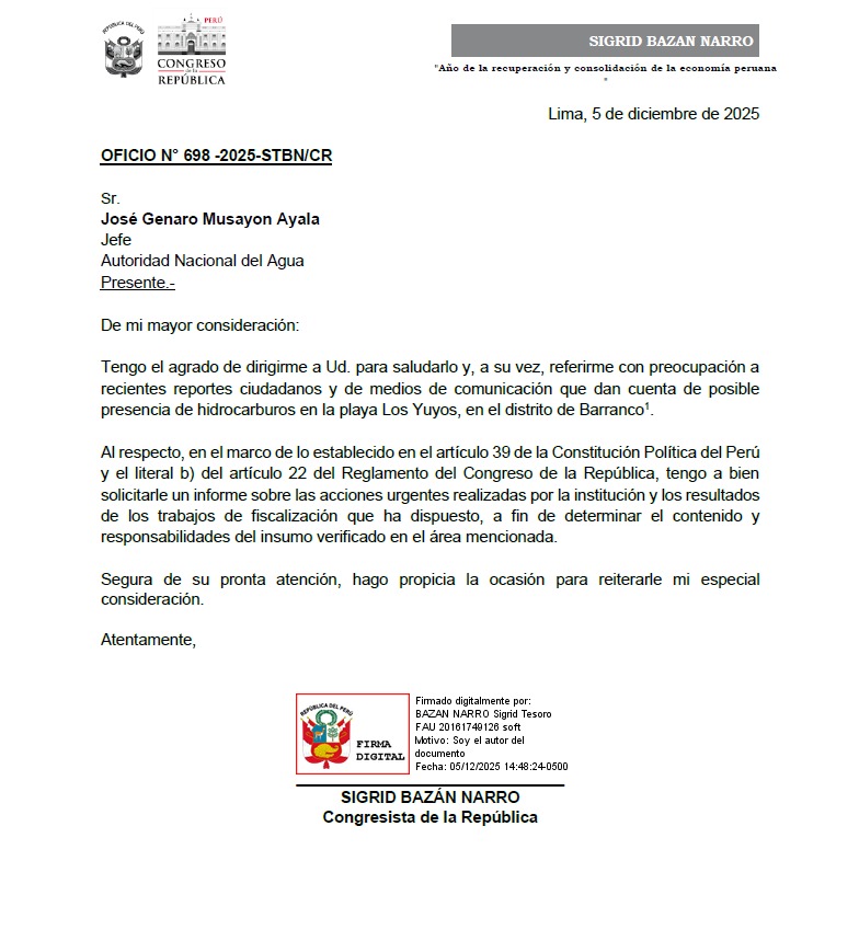 sigridbazan's tweet photo. #URGENTE Frente a la alerta de presencia de petróleo en la Playa Los Yuyos, acabo de oficiar al OEFA y a la ANA para solicitar con urgencia un informe sobre las acciones que vienen realizando a fin de determinar el impacto y responsabilidades por lo ocurrido. https://t.co/tyAtirQyOX