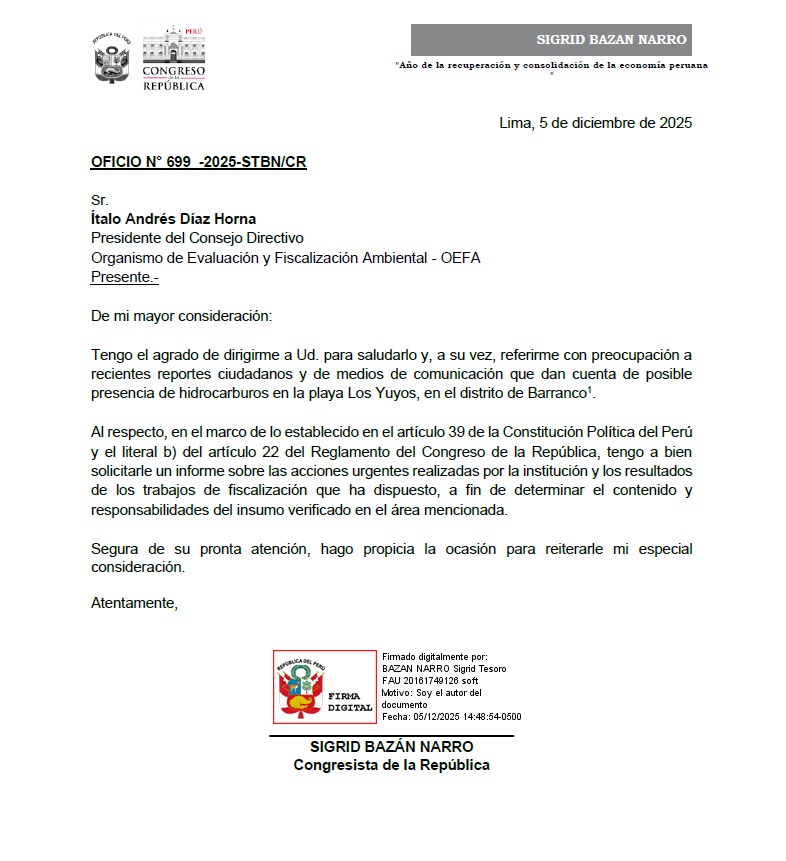 sigridbazan's tweet photo. #URGENTE Frente a la alerta de presencia de petróleo en la Playa Los Yuyos, acabo de oficiar al OEFA y a la ANA para solicitar con urgencia un informe sobre las acciones que vienen realizando a fin de determinar el impacto y responsabilidades por lo ocurrido. https://t.co/tyAtirQyOX