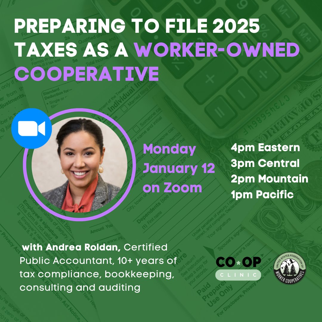 USFWC's tweet photo. Alleviate your financial stress - Jan 12 we'll review the information you need to file taxes as a #WorkerCoop and on Jan 19 (MLK Day) we'll present special considerations for worker co-ops incorporated as an #LLC ๐ธ #TaxSeason2025
https://t.co/zY3i6s2oRm https://t.co/2KSLO4KOyQ