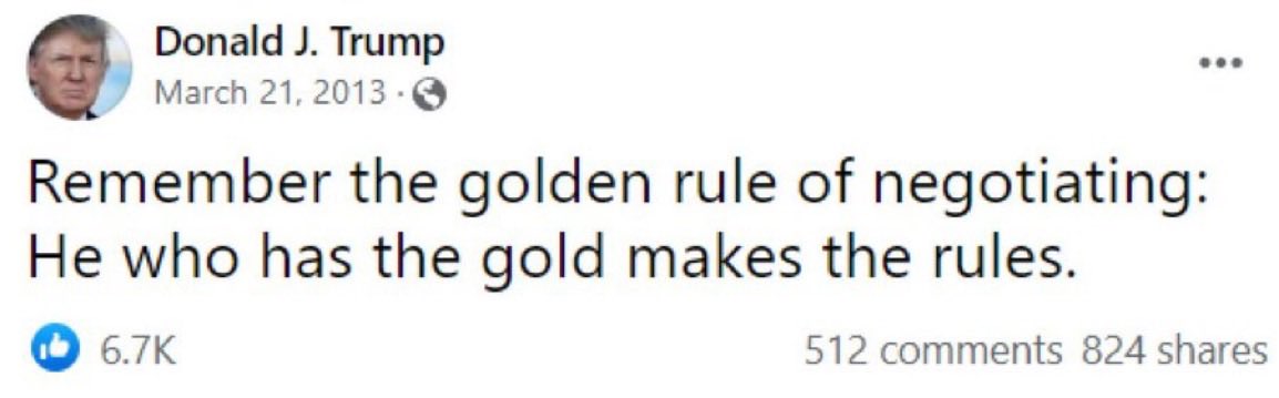 goldseek's tweet photo. The Golden Rule of Negotiating when Your Country has a Currency Collapse: 

He who holds the physical gold makes the rules.

ps. How is the Fort Knox audit coming along? https://t.co/N4cEVarA4b