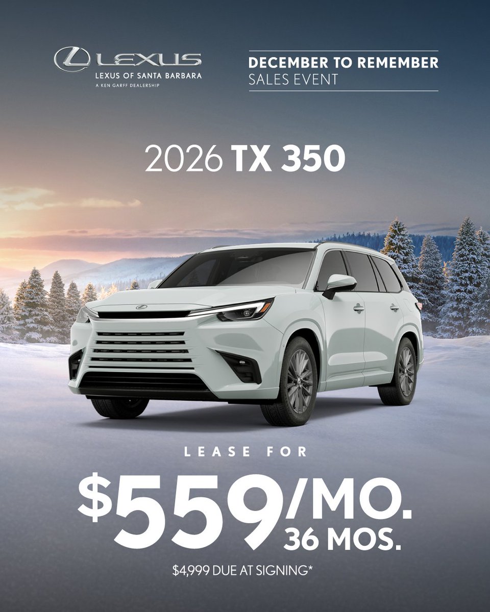 LexusofSB's tweet photo. 🚗💨 Drive into the future with a 2026 TX for just $559/month! 🏷️ Only $4,999 due at signing for 36 months. Your adventure starts now! 🌟 

Shop Now: https://t.co/Kq6QosOoIL https://t.co/fK7lDAXjln