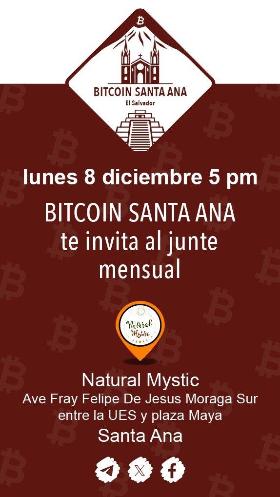 Junte mensual nº31 de Bitcoin Santa Ana, lunes 08/12, 5 - 7 pm, en la tienda-café “Natural Mystic”, de donde caminaremos hasta la casa comunal de Altos del Palmar. ¡Todos invitados!😃

Mapa: 
btcmap.org/merchant/node:…