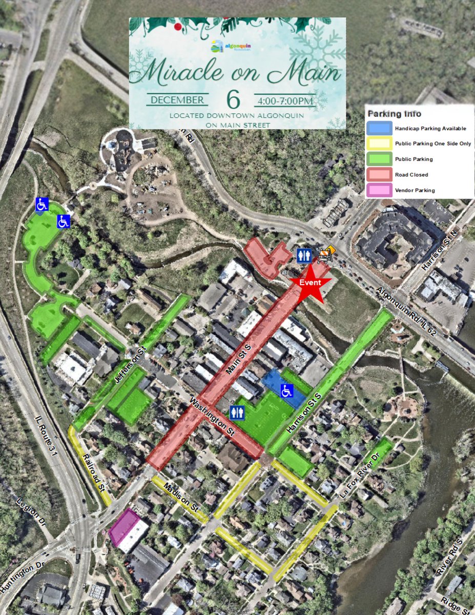 Miracle on Main: Main Street will close at 11:00 AM on December 6 from IL-62 to Madison St., with thru-traffic detoured to IL-31. Public parking is available in nearby downtown lots and on surrounding streets.

More info: algonquin.org/miracleonmain