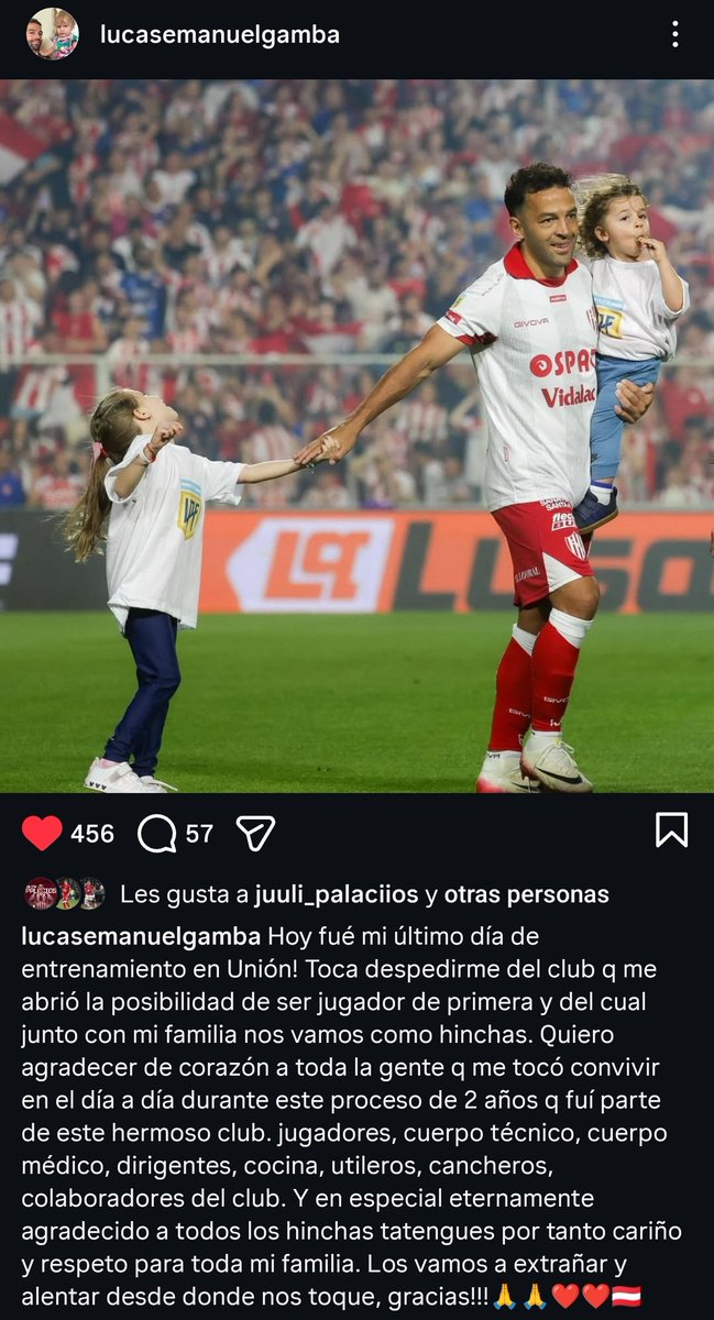 La despedida de Lucas Emanuel Gamba, vía Instagram 🥺💔

Fue un honor verte jugar en Unión, espero que la vida te depare grandes cosas Gambita querido 1️⃣8️⃣🇦🇹