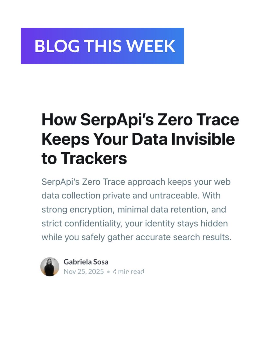 serpapi's tweet image. We’ve been working on something new! 🧠

Check out our latest blog post to see how SerpApi's Zero Trace keeps your data invisible.

Read more 👉 serpapi.com/blog/how-serpa…

#SerpApi #SearchEngine #Scraping #Serp #SearchEngineScraping #APIs