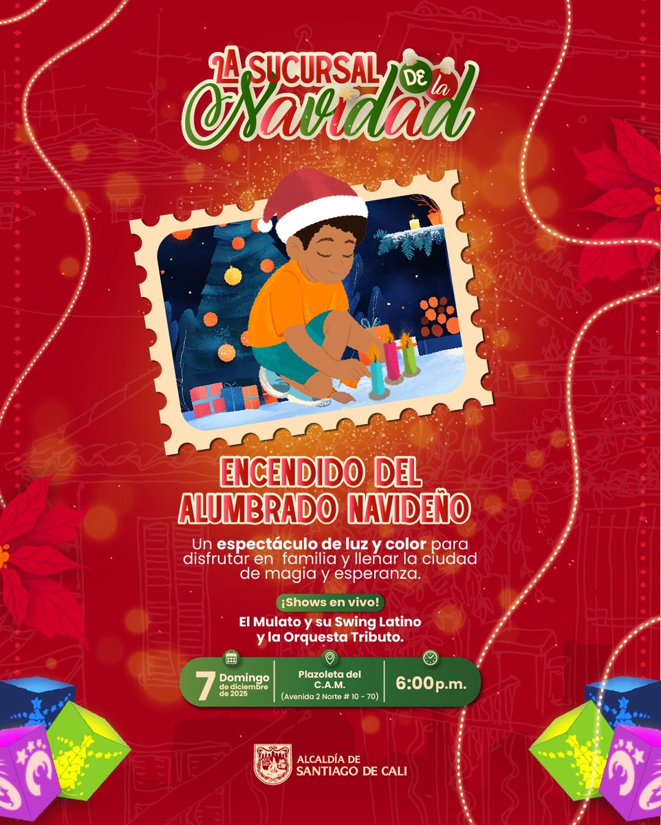 Los invitamos a hacer parte del encendido del alumbrado navideño, que tendrá grandes sorpresas con shows en vivo del <a href="/elmulatocabaret/">El Mulato Cabaret</a> y su Swing Latino y La Orquesta Tributo. 

🕣6:00 pm 
📍Plazoleta del C.A.M 
¡Los esperamos! 

#CaliSucursalDeLaNavidad