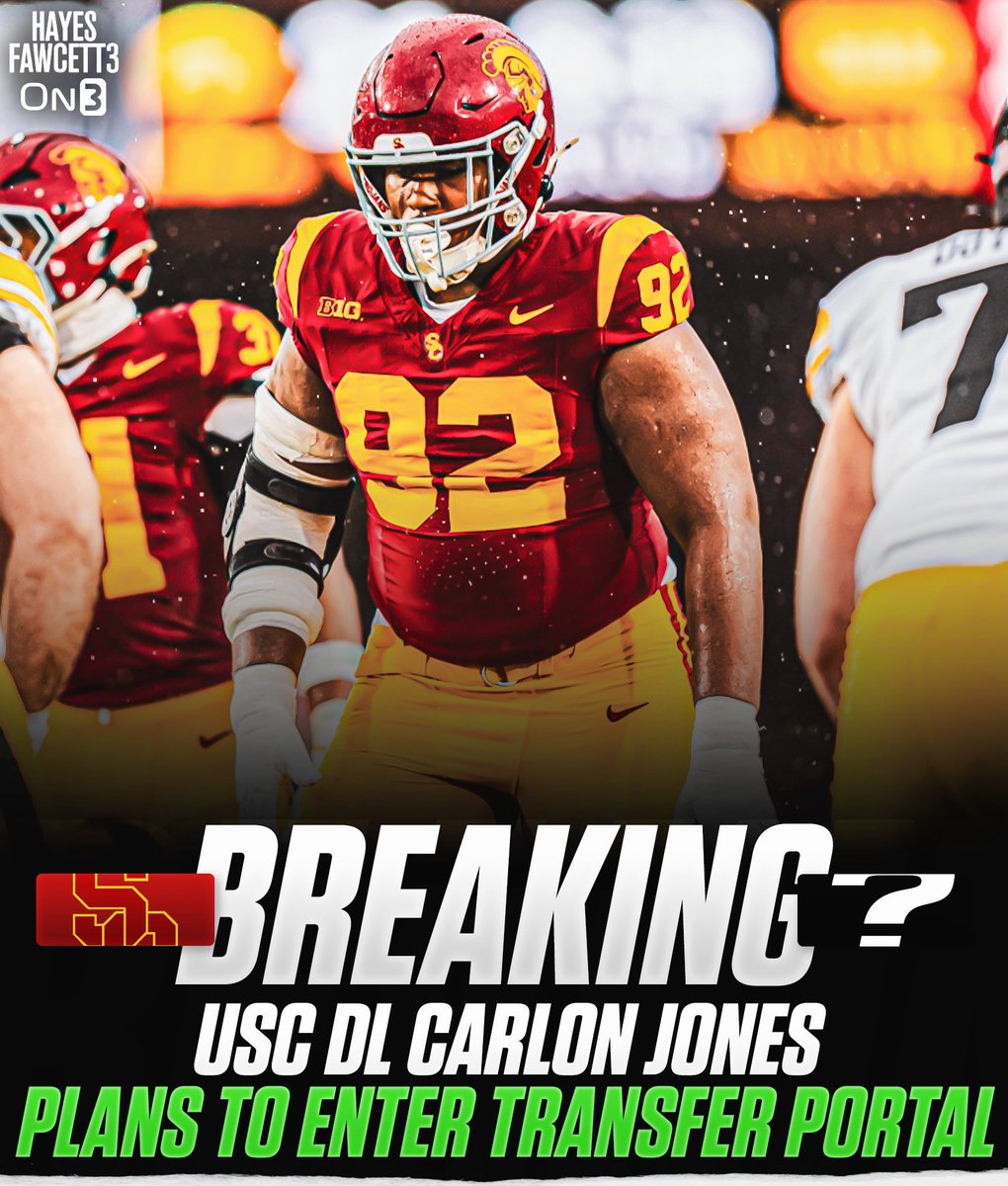 Hayesfawcett3's tweet image. BREAKING: USC DL Carlon Jones plans to enter the @TransferPortal, he tells @On3Sports

The 6’3 315 DL was ranked as a Top 20 DL in the 2024 Class

He’ll have 3 years of eligibility remaining

on3.com/transfer-porta…