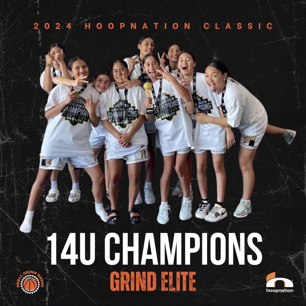 14U Girls Elite Champions 🏆
Grind Elite 🧡🖤 HoopNation 2024

Path to the final.
Beat Toa Dream 79 - 17
Beat Bubble Guppies 85 - 13
Beat Heat Check 37 - 19
Beat Splash Basketball 54 - 20
Semi-final, beat Tu Tangata 44 - 25
Final, beat Heat Check, 59 - 17