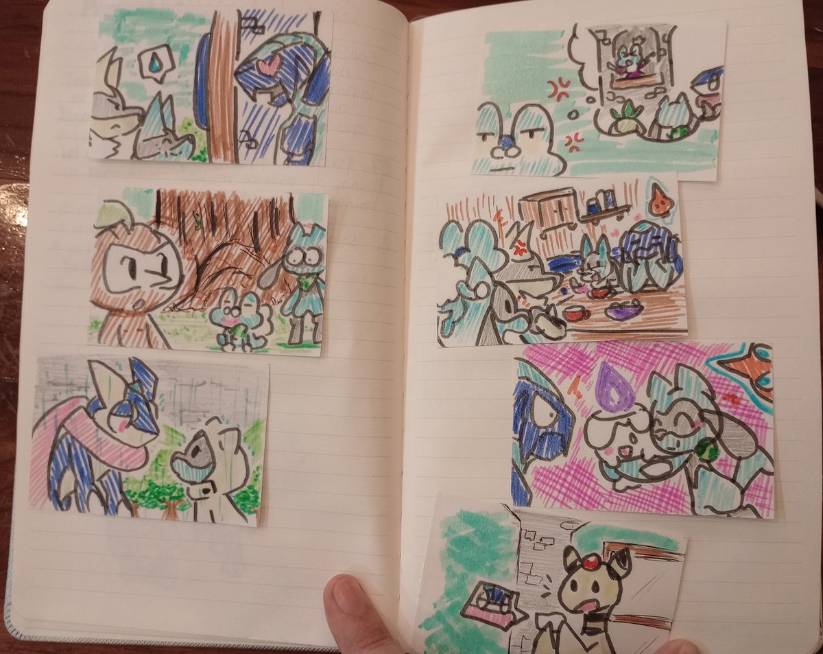 Encontré unos mini bocetos antiguos de mi cómic y me dieron ganas de hacer más! Están todos revueltos porque son escenas de diferentes partes, pero igual quise compartir mis hojitas de bocetos. 🖌️~(⁠≧⁠▽⁠≦⁠)~✨