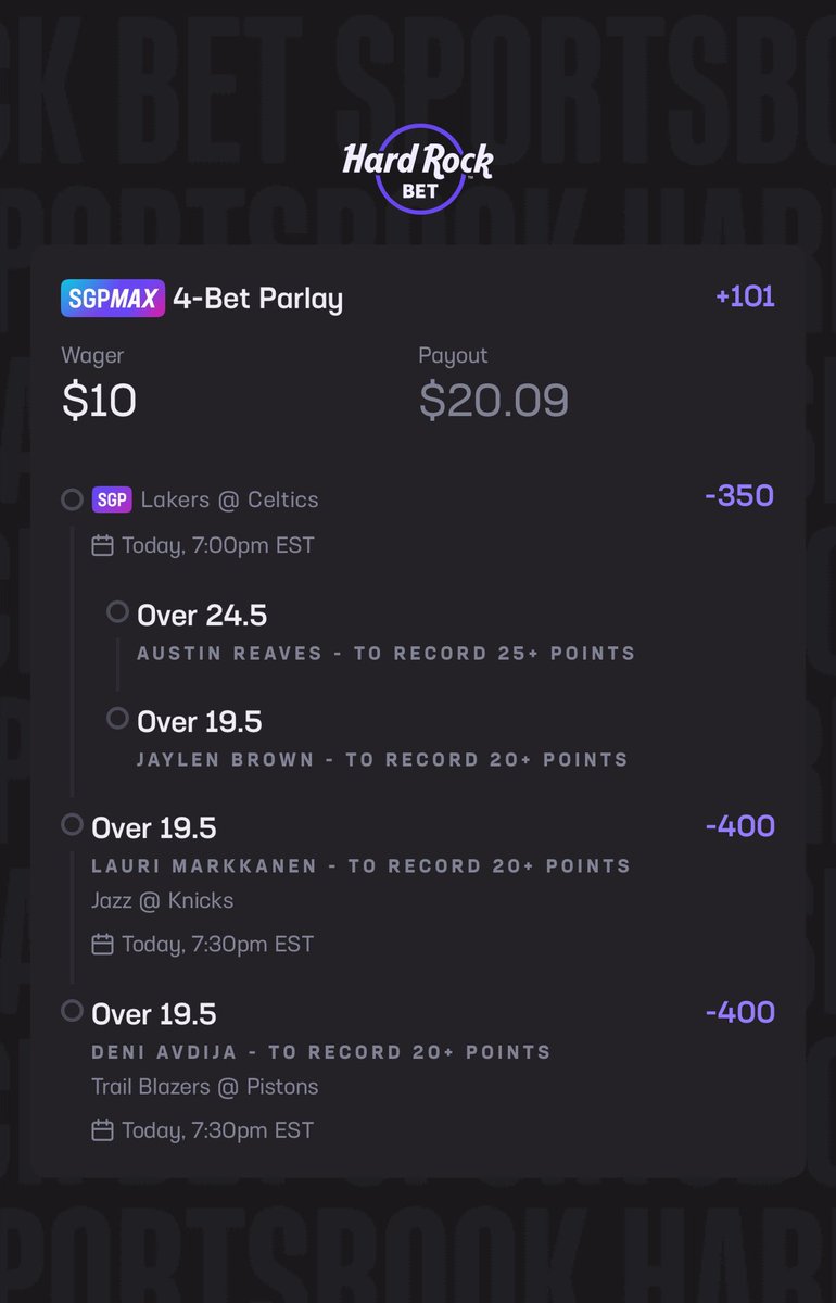 🩵10K Challenge – Day 1 Play 🩵
$10 ➡️ $20.09 (+101)

Austin Reaves 25+ pts – Over 🔒
Jaylen Brown 20+ pts – Over 🔒
Lauri Markkanen 20+ pts – Over 🔒
Deni Avdija 20+ pts – Over 🔒

Locked in a steady 4-leg to set the tone 
Let’s cash and start this run right 🤑📈