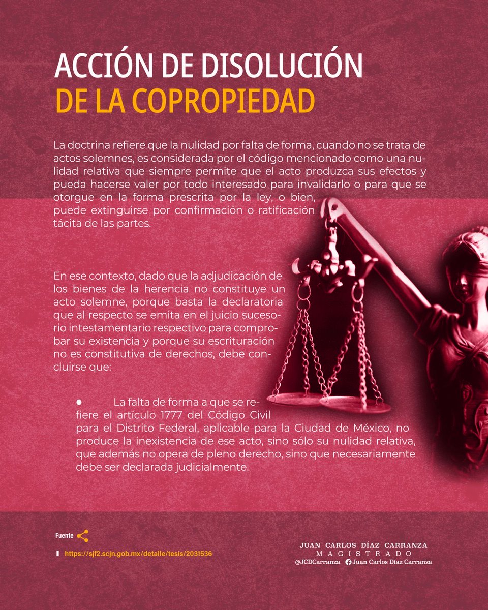 JCDCarranza's tweet photo. ACCIÓN DE DISOLUCIÓN DE LA COPROPIEDAD

👨‍🎓Un Tribunal Colegiado determinó que la falta de formalización en escritura pública de la adjudicación de los bienes que integraron la masa hereditaria y su falta de inscripción en el Registro Público de la Propiedad y de Comercio:

No lleva a determinar la inexistencia del derecho de copropiedad entre los adjudicatarios reconocidos, por lo que sí procede la acción de disolución de copropiedad.