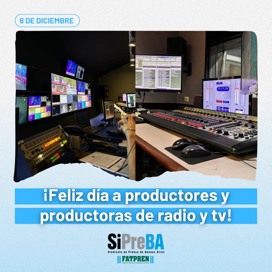 🫂Saludamos en su día a quienes trabajan en la producción de radio y televisión: compañeras y compañeros indispensables en prensa para brindar información y comunicar con calidad.

💪Reivindicamos su rol y la lucha por derechos y condiciones laborales dignas en sus puestos.