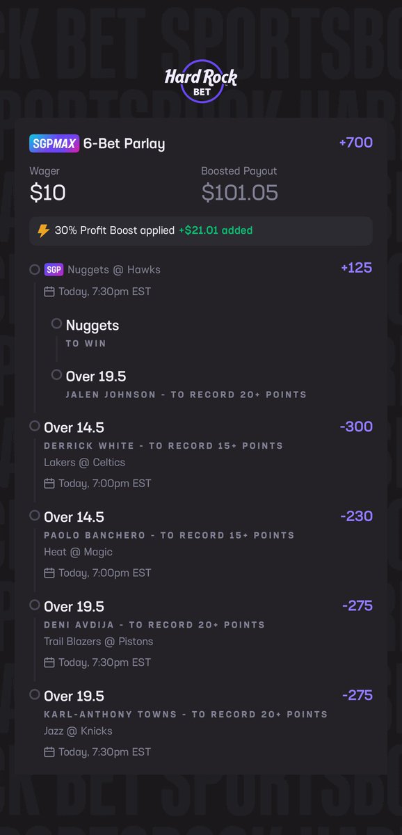 💚Lotto Play💚
$10 ➡️ $101.05 (+700)
30% Profit Boost Applied 🚀

Nuggets ML 🔒
Jalen Johnson 20+ pts – Over 🔒
Derrick White 15+ pts – Over 🔒
Paolo Banchero 15+ pts – Over 🔒
Deni Avdija 20+ pts – Over 🔒
Karl-Anthony Towns 20+ pts – Over 🔒

High risk, high reward. Lets Cash🤑