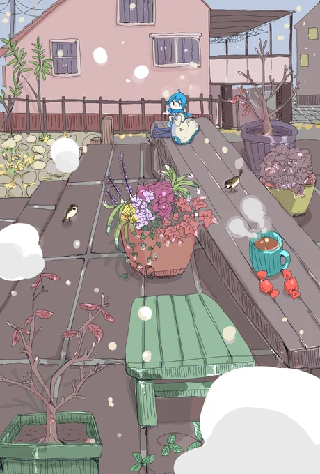雪の日のKAITOくんとお庭。 わっ、マスター、雪がとうとう降ってきましたねえ