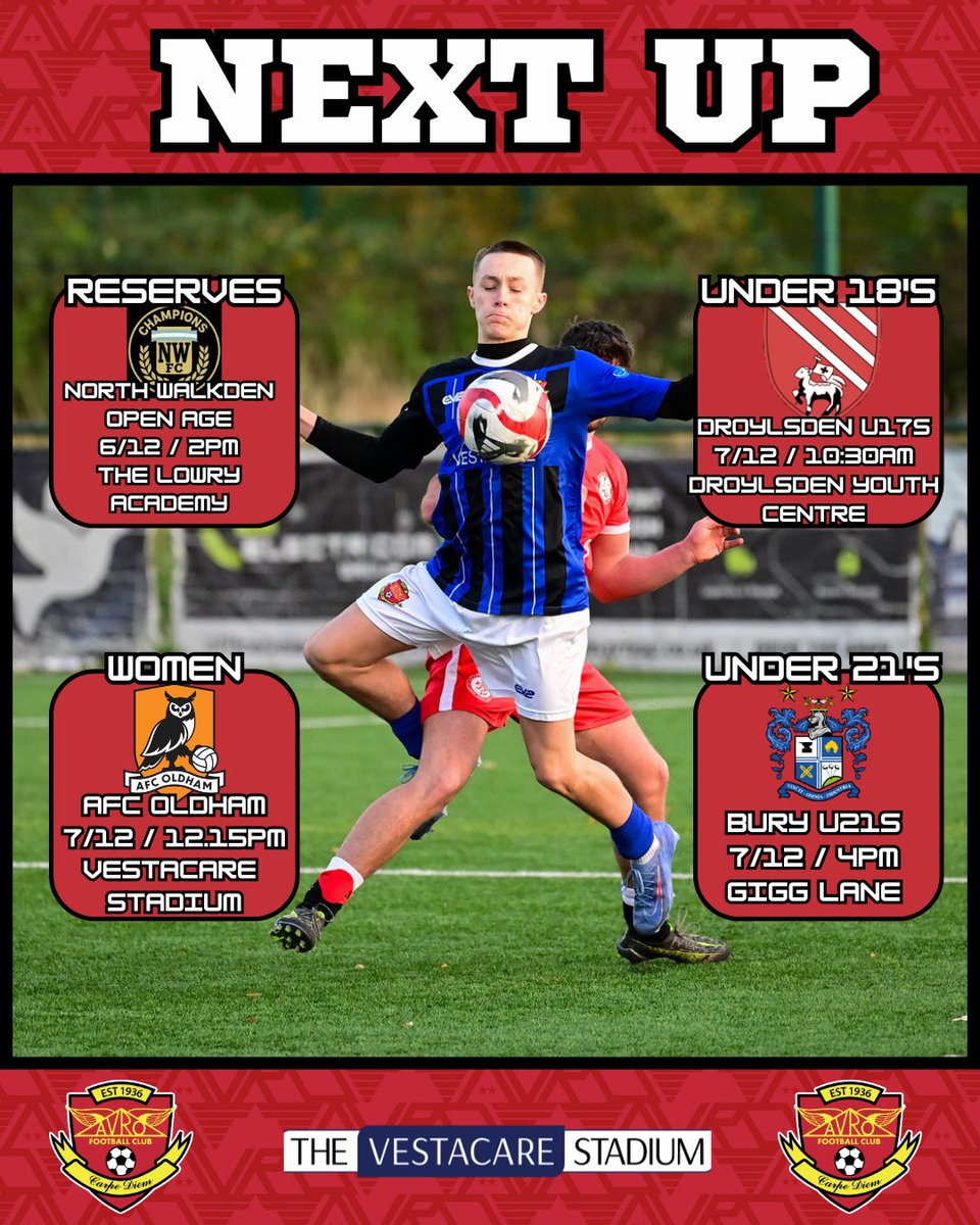 NEXT UP ⏳️ 

A big weekend for all our Avro teams home and away 👊 #AvroFC