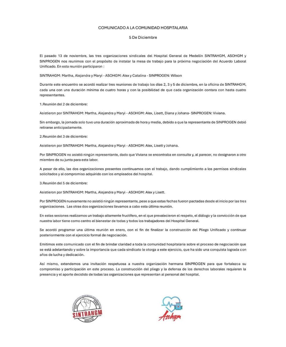 Comunicado dirigido a la clase trabajadora del <a href="/HGMhospital/">Hospital General de Medellín - Luz Castro de G.</a>.