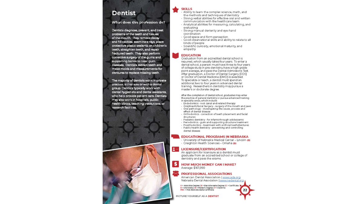Season of Care — Day 5
Today’s spotlight: Dentists.
They prevent disease, relieve pain, and strengthen community health—especially in rural areas where access matters.

Learn more in the Nebraska Health Careers Book: bit.ly/4otbbzt