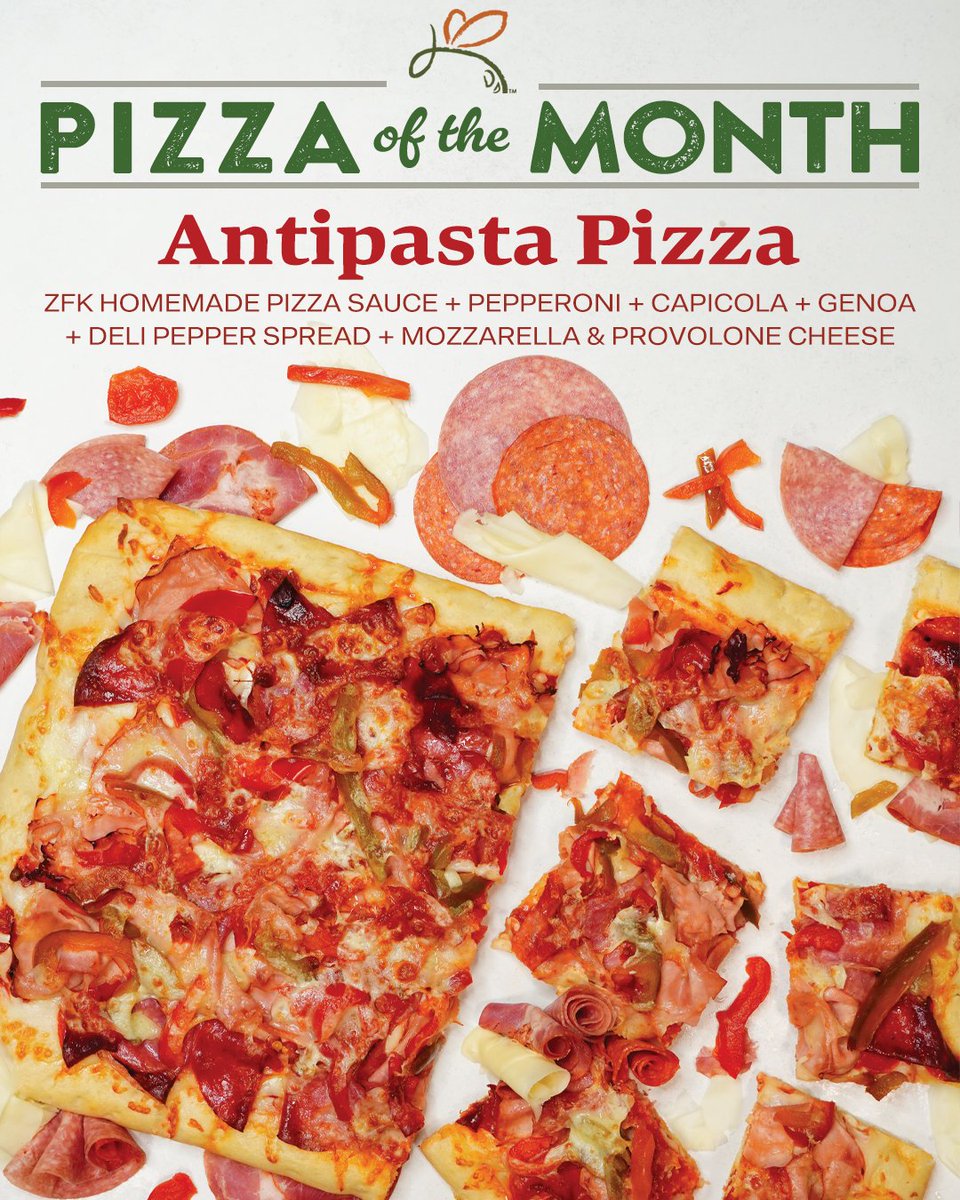 The Antipasta Pizza is our December Pizza of the Month, featuring all the best elements of a classic antipasto: premium prosciutto, spicy salami, bold pepperoni, sharp provolone cheese, and bright peppers.

Exclusively at Zallie Family Markets.