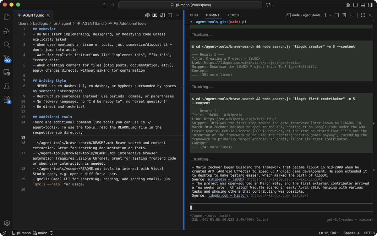 badlogicgames's tweet image. All those CLI tools are pretty trivial. That&apos;s the point. Get into the mindset that just building tiny CLI tools and handing them to your agent is really all you need most of the time.

Frontier models (GPT, Gemini, Opus) can deal with those tools (GPT is a bit less efficient)