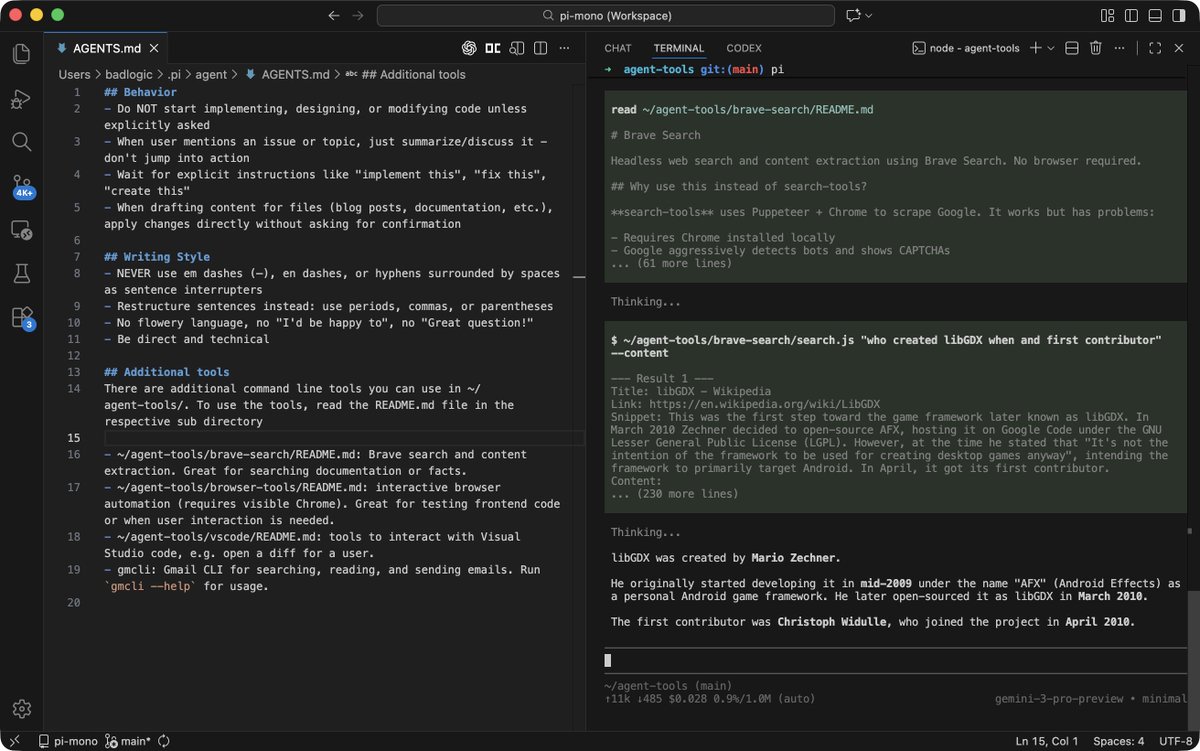 badlogicgames's tweet image. All those CLI tools are pretty trivial. That&apos;s the point. Get into the mindset that just building tiny CLI tools and handing them to your agent is really all you need most of the time.

Frontier models (GPT, Gemini, Opus) can deal with those tools (GPT is a bit less efficient)