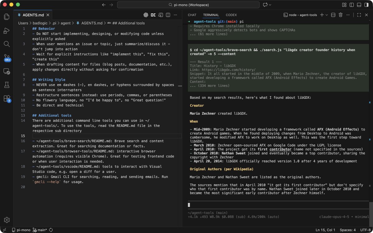 badlogicgames's tweet image. All those CLI tools are pretty trivial. That&apos;s the point. Get into the mindset that just building tiny CLI tools and handing them to your agent is really all you need most of the time.

Frontier models (GPT, Gemini, Opus) can deal with those tools (GPT is a bit less efficient)