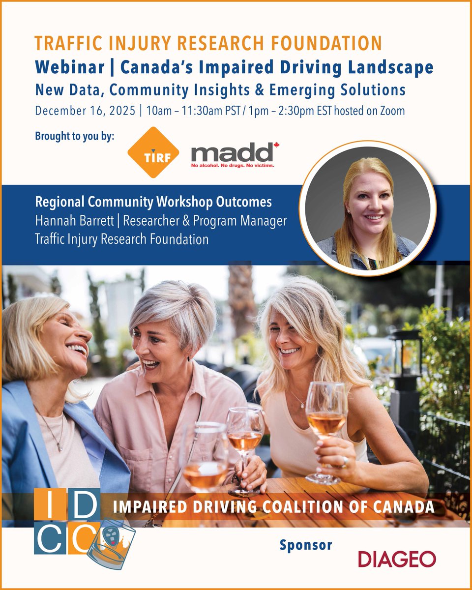 TIRFCANADA's tweet photo. Join TIRF on Dec. 16th for 'Canada’s Impaired Driving Landscape' free webinar providing a comprehensive look at #impaireddriving which will include the latest impaired driving fatality data and self-reported prevalence among Canadians.

Register today: https://t.co/DAGEhUDkQd https://t.co/ZCYVDo8Lsq