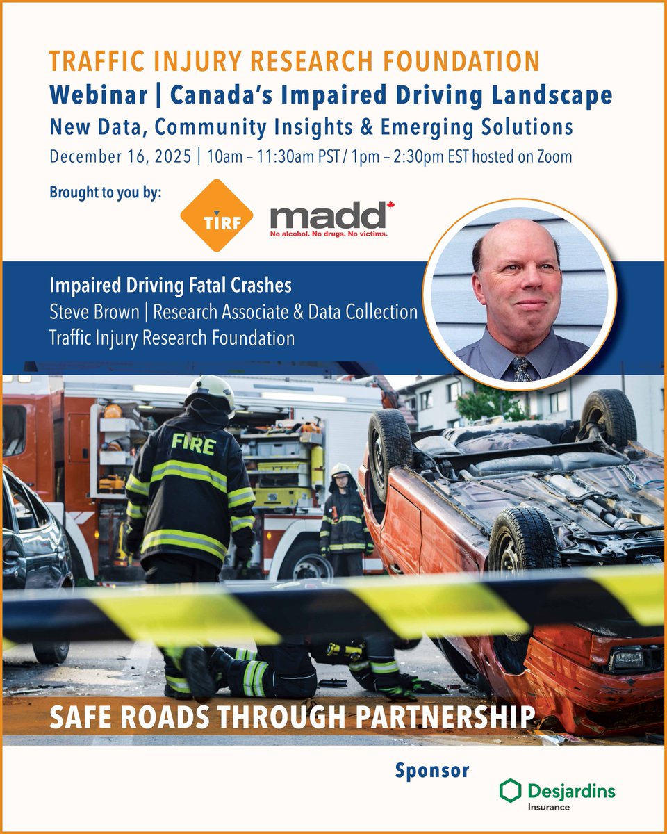 TIRFCANADA's tweet photo. Join TIRF on Dec. 16th for 'Canada’s Impaired Driving Landscape' free webinar providing a comprehensive look at #impaireddriving which will include the latest impaired driving fatality data and self-reported prevalence among Canadians.

Register today: https://t.co/DAGEhUDkQd https://t.co/ZCYVDo8Lsq