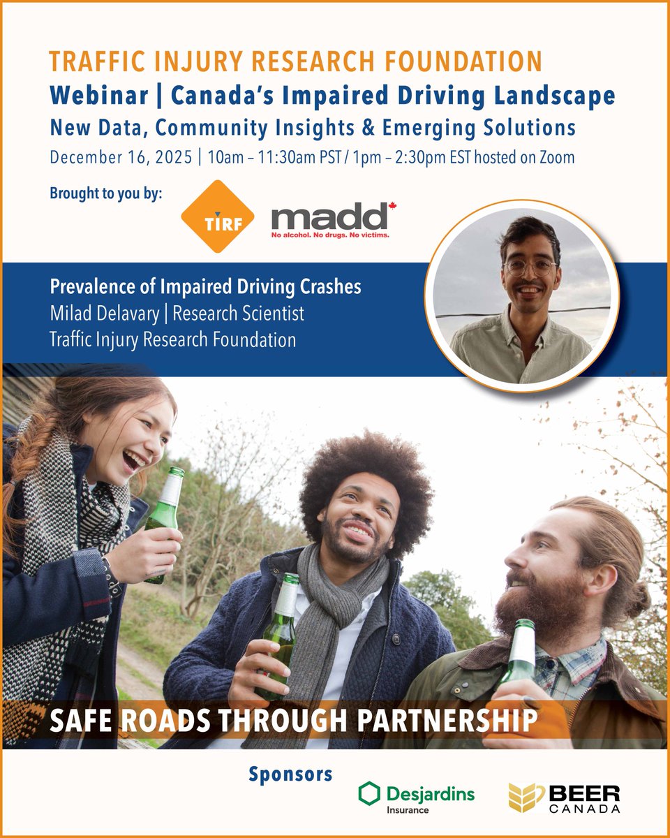 TIRFCANADA's tweet photo. Join TIRF on Dec. 16th for 'Canada’s Impaired Driving Landscape' free webinar providing a comprehensive look at #impaireddriving which will include the latest impaired driving fatality data and self-reported prevalence among Canadians.

Register today: https://t.co/DAGEhUDkQd https://t.co/ZCYVDo8Lsq