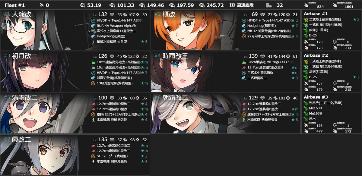 NormalAdmiral98's tweet image. E4-4で南海ちゃん2隻目掘れましたー
編成は前に載せてたものから榧→樫に変更して
大淀の夜偵→紫雲★maxに

下振れてたまにボスA勝利になるのが嫌すぎるので
軽1駆6にしてますが、遠征枠1つ潰れるので
軽1駆5がコスパ面で良いですね