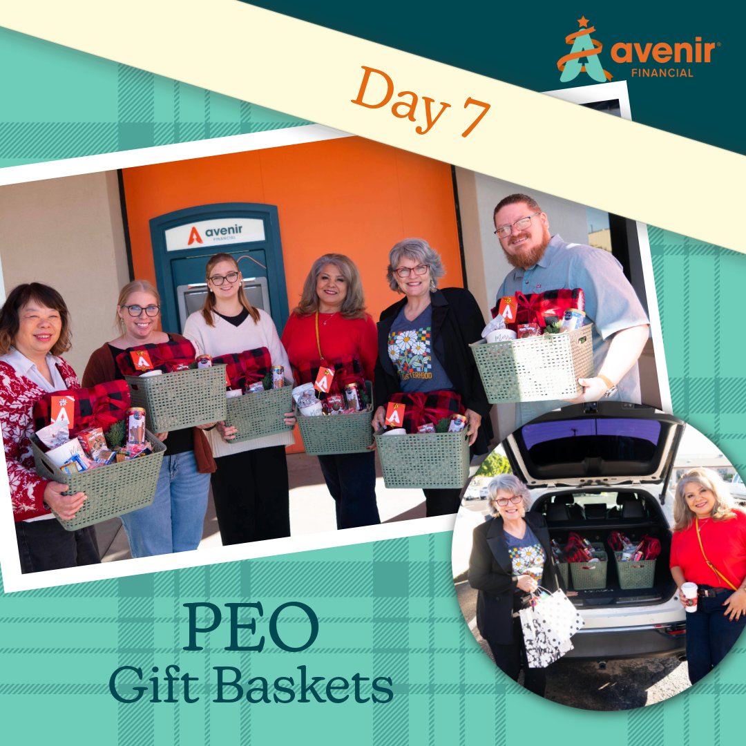 avenirfinancial's tweet photo. On Day 7 of December Giving, Avenir Financial is proud to donate and create six gift baskets for the winners of the P.E.O. Scholarship. These scholarships support women pursuing degrees that lead to careers dedicated to helping women in crisis. 💙🎁 #AvenirFinancial #DecemberGiving #SupportingWomen #PEOScholarship #GrinchVisit
