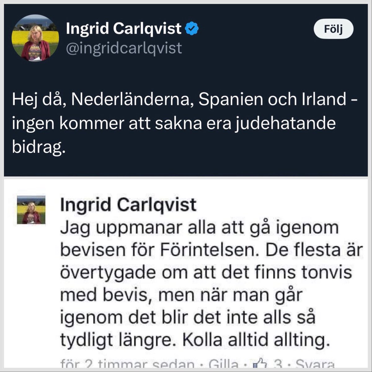 legionmint's tweet image. Den förintelseförnekande och antisemitiska kärringen Ingrid Carlqvist, som för ett par år sedan bedrev lobbyverksamhet för nazisterna, försöker nu lajva Israelvän. 
You can’t make this shit up.