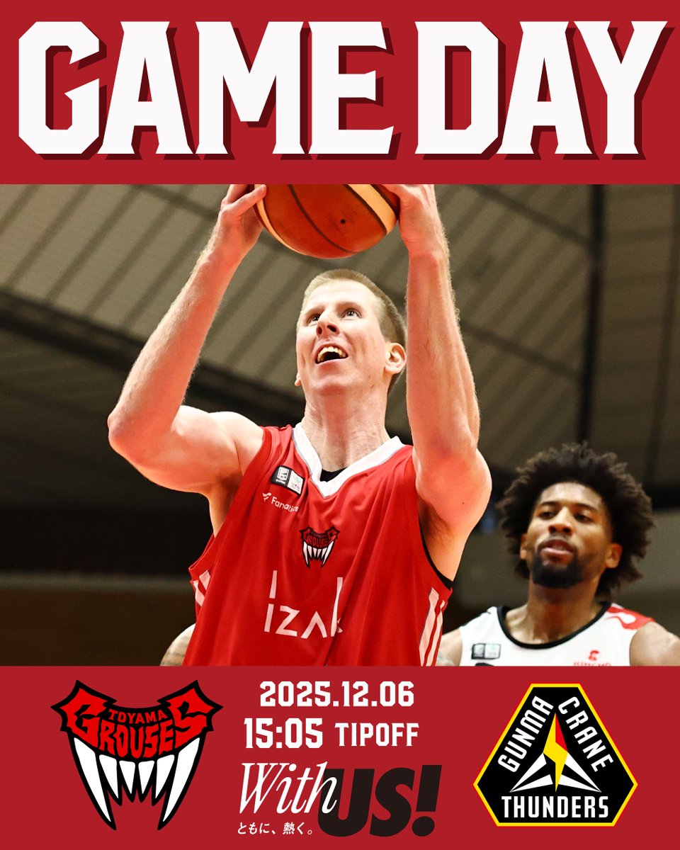 ◤ GAMEDAY!!🐔🔥 ◢

B1リーグ戦 第12節 GAME1
15:05TIPOFF vs群馬クレインサンダーズ
📍黒部市総合体育センター

📱#バスケットLIVE で応援！
basketball.mb.softbank.jp/lives/504972?u…
#富山グラウジーズ