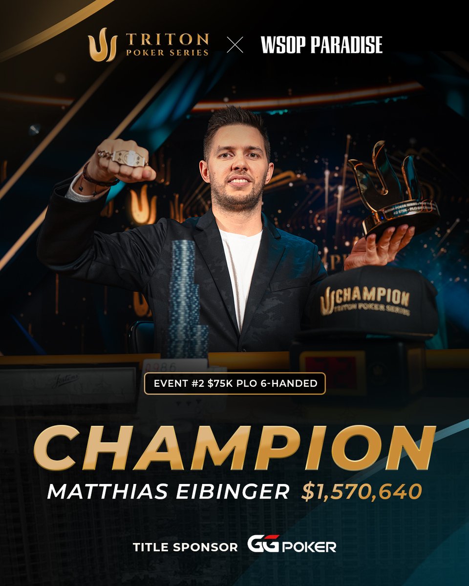 tritonpoker's tweet photo. A champion emerges in Paradise!

Matthias Eibinger @Matthias_Eibi dominates the four-card game, earning $1.57 million and taking home one of the first trophies of the series.

Congratulations, Matthias! Who’s got next? https://t.co/ypXpAHjDkD