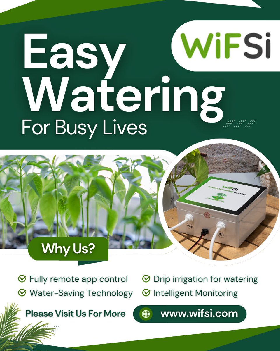 wifsi_products's tweet image. Make plant care effortless with WIFSi – Smart Plant Watering System 
 #WIFSi #SmartWateringSystem #GardenAutomation #SmartIrrigation #WaterSavingTech #PlantCareMadeEasy #IoTDevices #HomeGardenCare #AutomatedWatering
