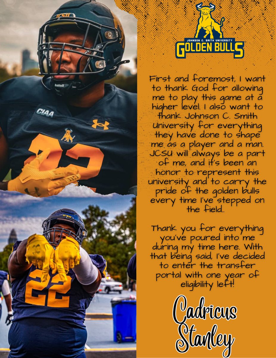 cadricus22's tweet photo. Thank you JCSU for shaping me into the man and athlete I’ve become It’s time for the next chapter.💙💛

Officially in the portal . https://t.co/p2kKu1SyD3