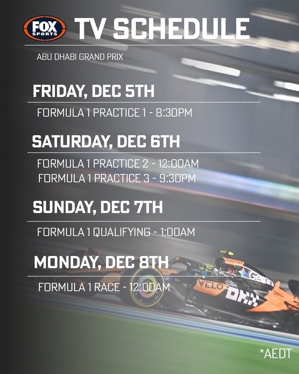 Set your alarms Australia, it's going to be a late one!

*Times in AEDT. 

📺 Watch the #AbuDhabiGP on ch. 506 or via <a href="/kayosports/">Kayo Sports</a> bit.ly/47LI9Xa
#F1