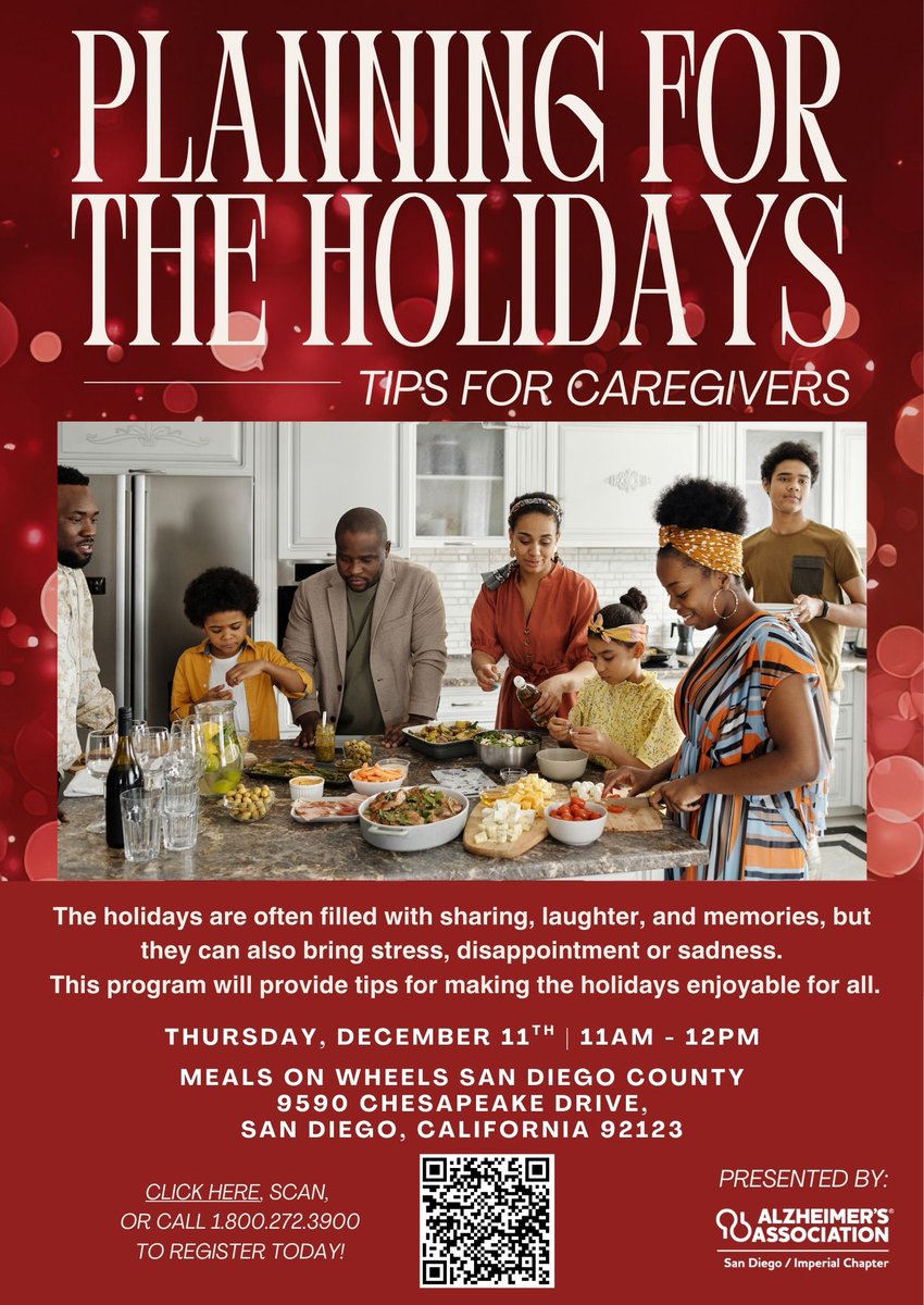 Mark your calendars for December 11th and join the Alzheimer's Association for the "Planning for the Holidays - Tips for Caregivers" program! Discover ways to help create a relaxing and joyful holiday season for everyone involved.

Call or scan the QR code to secure your spot!