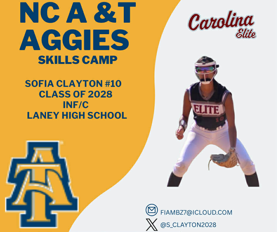 🚨Camp Alert 🚨 
#10 <a href="/S_Clayton2028/">Sofia Clayton</a> is heading to <a href="/NCATAGGIES/">N.C. A&T Athletics</a> 
Winter  Skills Camp   #BeElite <a href="/CarEliteNCorg/">@CarolinaEliteOrg</a> <a href="/darrenolivo/">darren olivo</a> <a href="/SCULNU2/">josh Gulick</a> <a href="/Adrianna_Gomez5/">Adrianna Gomez</a>