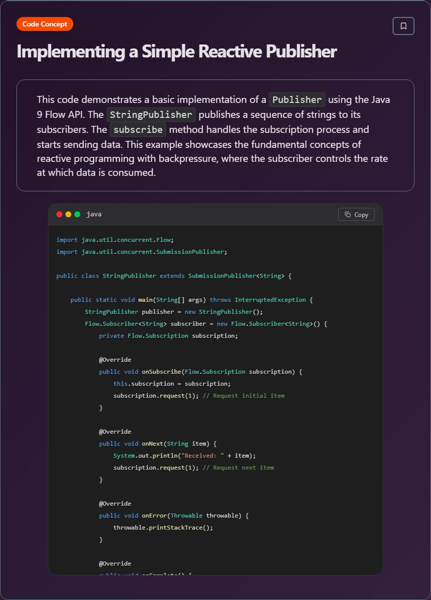 techielearns's tweet image. ✨ Implementing a Simple Reactive Publisher (Java)

Learn more on our App and Website:
App : play.google.com/store/apps/det…
Web : techielearns.com
#Java #JavaDev #OOP #Backend #100DaysOfCode #DevLife