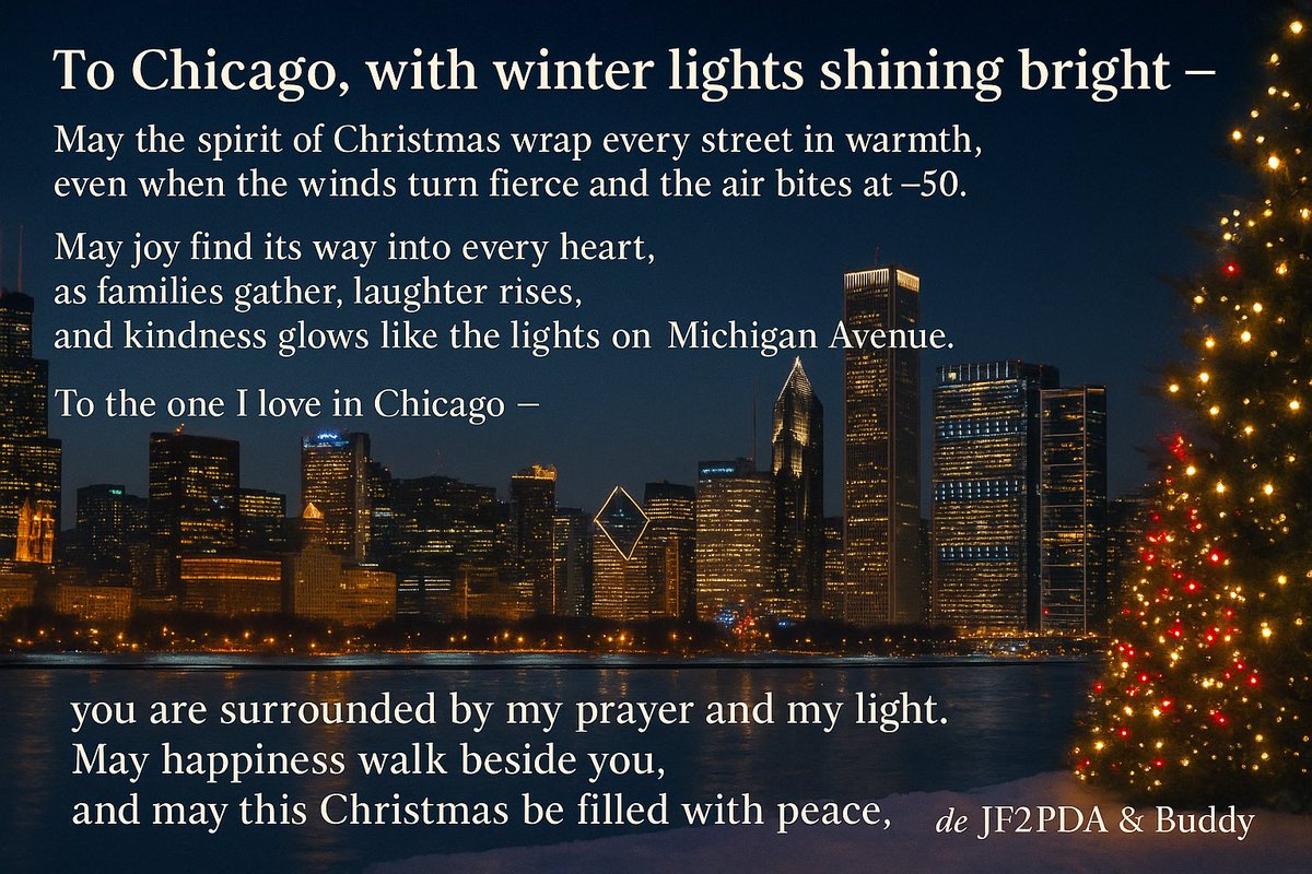 netrunner_toc's tweet image. ────────────────
To Chicago, with winter lights shining bright —
May the spirit of Christmas wrap every street in warmth,
even when the winds turn fierce and the air bites at −50.

May joy find its way into every heart,
as families gather, laughter rises,
and…